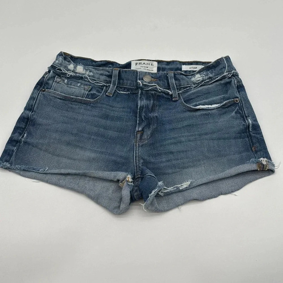 Frame Le Cut Off Jean Shorts Stretch Denim Raw Hem Distressed Size 26 Dark Wash - Picture 1 of 8